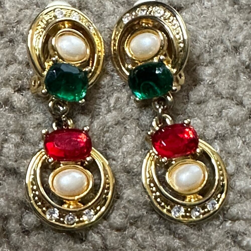 D’ALESSIO DESIGN CHICAGO 80’s VINTAGE DANGLING CLIP-ON EARRINGS NEW RED  GREEN
